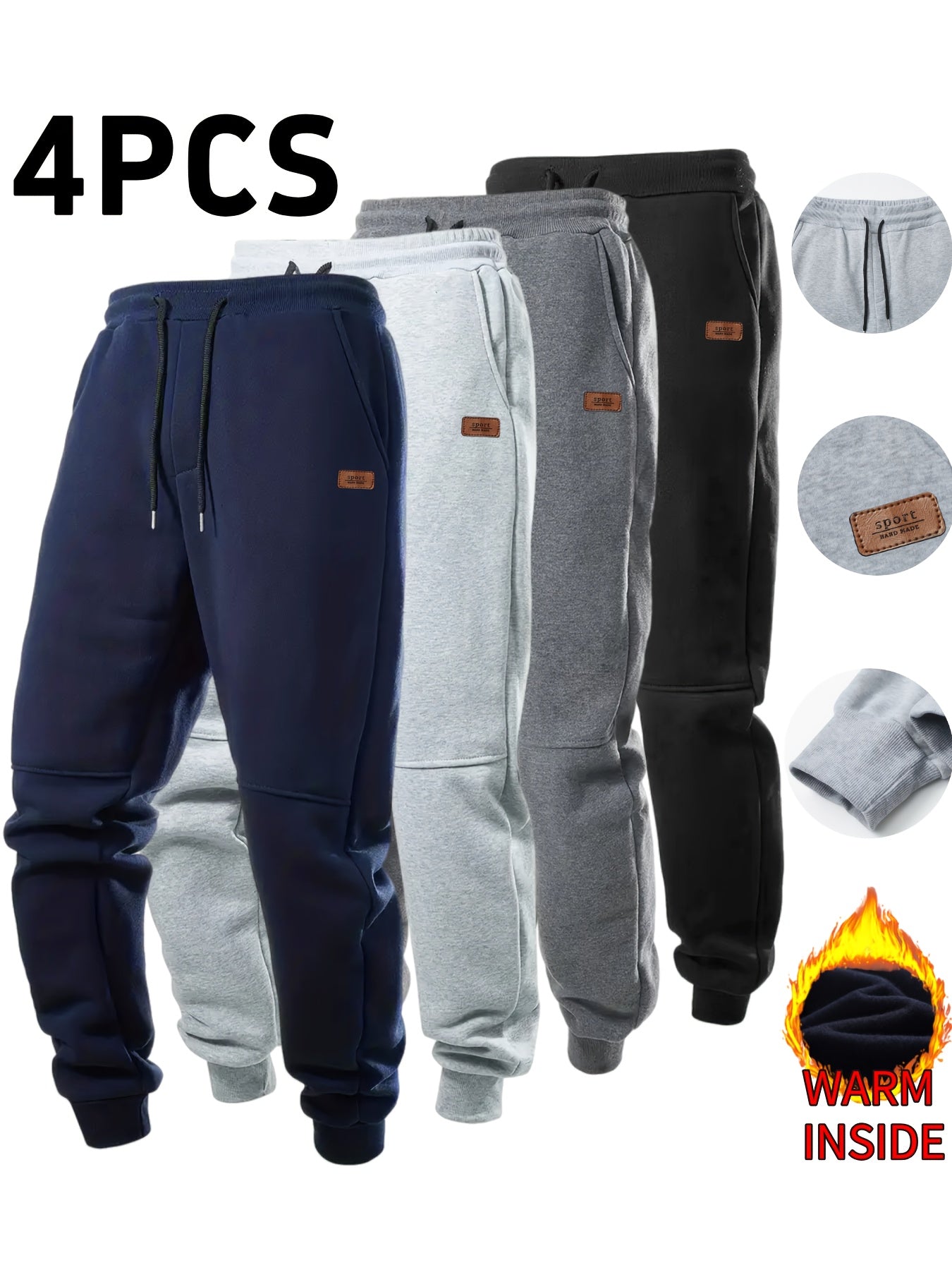 4pcs Pantalons Sport Homme – Automne/Hiver, Cordon, Tissu Élastique, Doublure Chaude, Casual