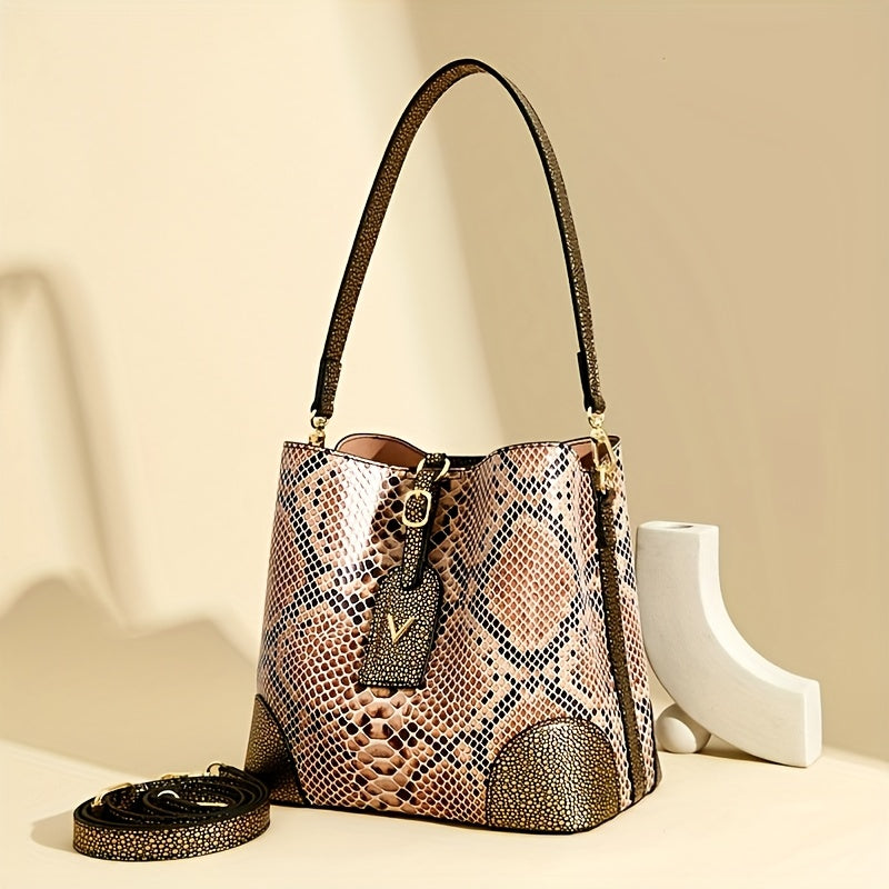 Sac à Épaule Élégant Femme – Imprimé Serpent Marron et Beige, Fermoir Rond Métallique Stylé, Poches Zippées, Bandoulière Amovible, Doublure Polyester, Accessoire Mode | Design Imprimé Serpent | Fermeture Zippée