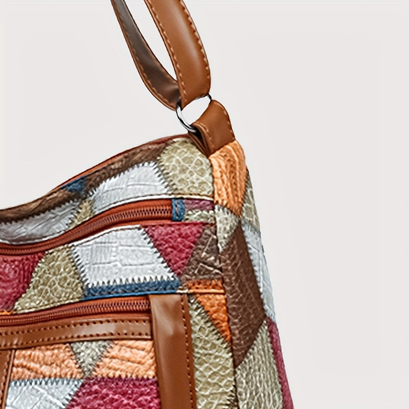 Sac femme – Sac bandoulière casual, design patchwork, style simple et tendance, fermeture éclair aléatoire
