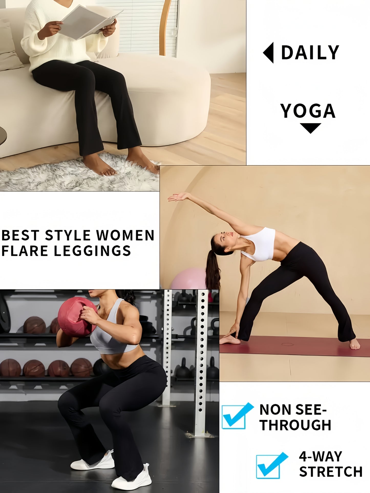 Lot de 3 Pantalons Femme Évasés – Séchage Rapide, Respirants, Taille Élastique, Couleur Unie, Tous Saisons, Décontracté et Confortable