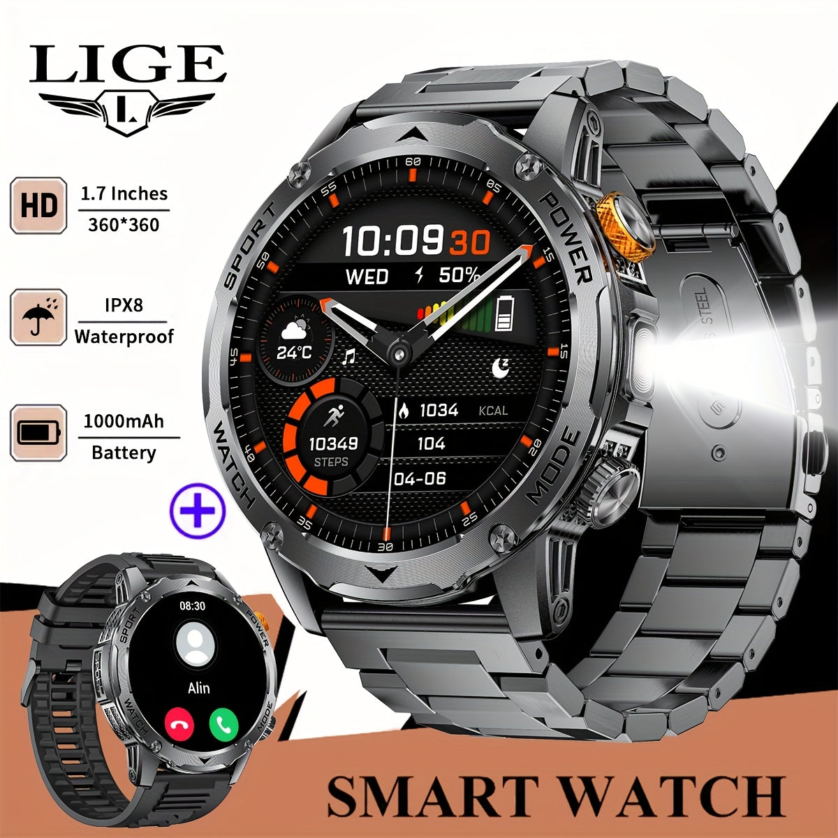 Montre Connectée Homme – Écran HD 4,45 cm, Plus de 50 Modes, Autonomie Ultra Longue avec Batterie 1000 mAh, Fonctions Téléphone, 110+ Modes Sport, Suivi du Sommeil, Podomètre, Compatible Android et iPhone, Lot de 3 Bracelets avec Lumière Flash