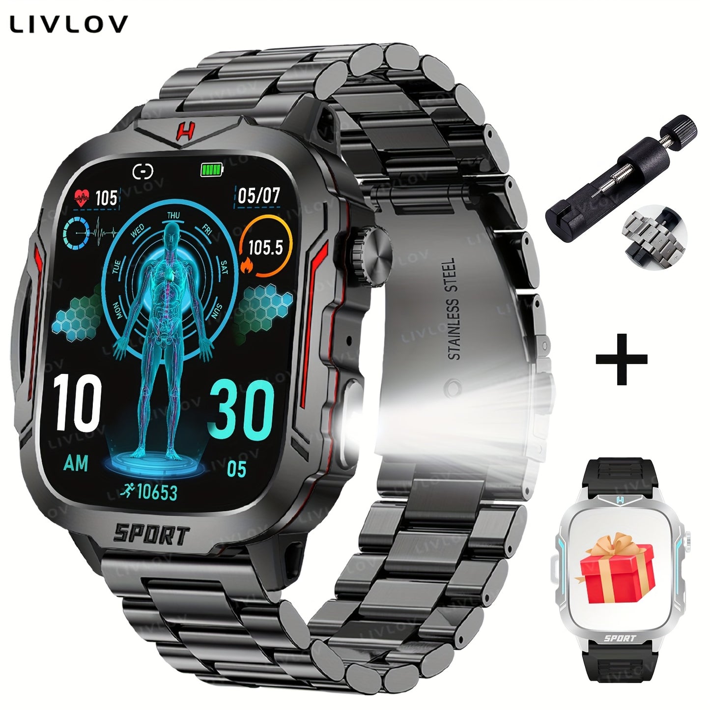 4.98cm Smart Watch with Body Temp/ Monitor, Smart Watch with Wireless Call (Answer/ Make/ Reject Calls) for Men Women, Fitness Activity Tracker with 100+ Sports Modes/ SOS/ Game/ AI Voice/ Calculator, Compatible with Android