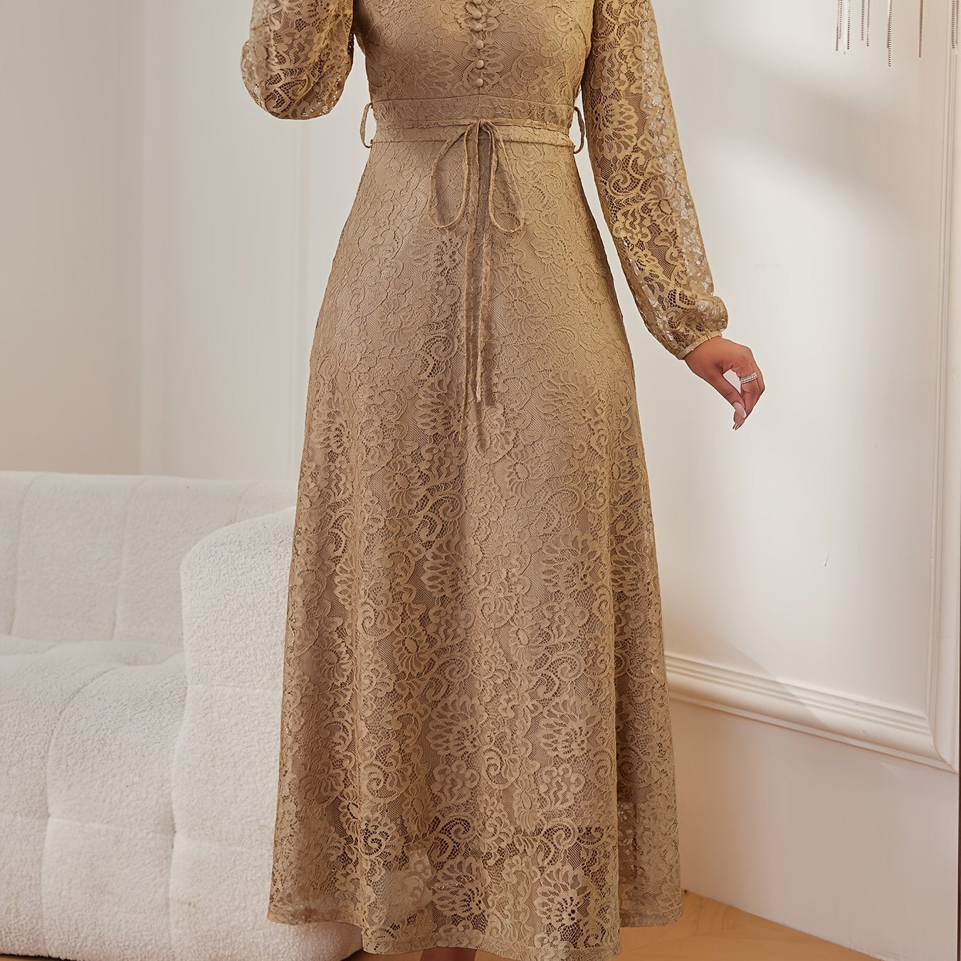 Robe Femme Printemps/Automne – Élégante et Tendance, Pour Bureau ou Fête, Dentelle Florale, Couleur Unie, Semi-Transparente avec Ceinture et Doublure, Col V, Faux Boutons avec Fermeture Éclair, Manches Longues, Jupe Évasée Maxi