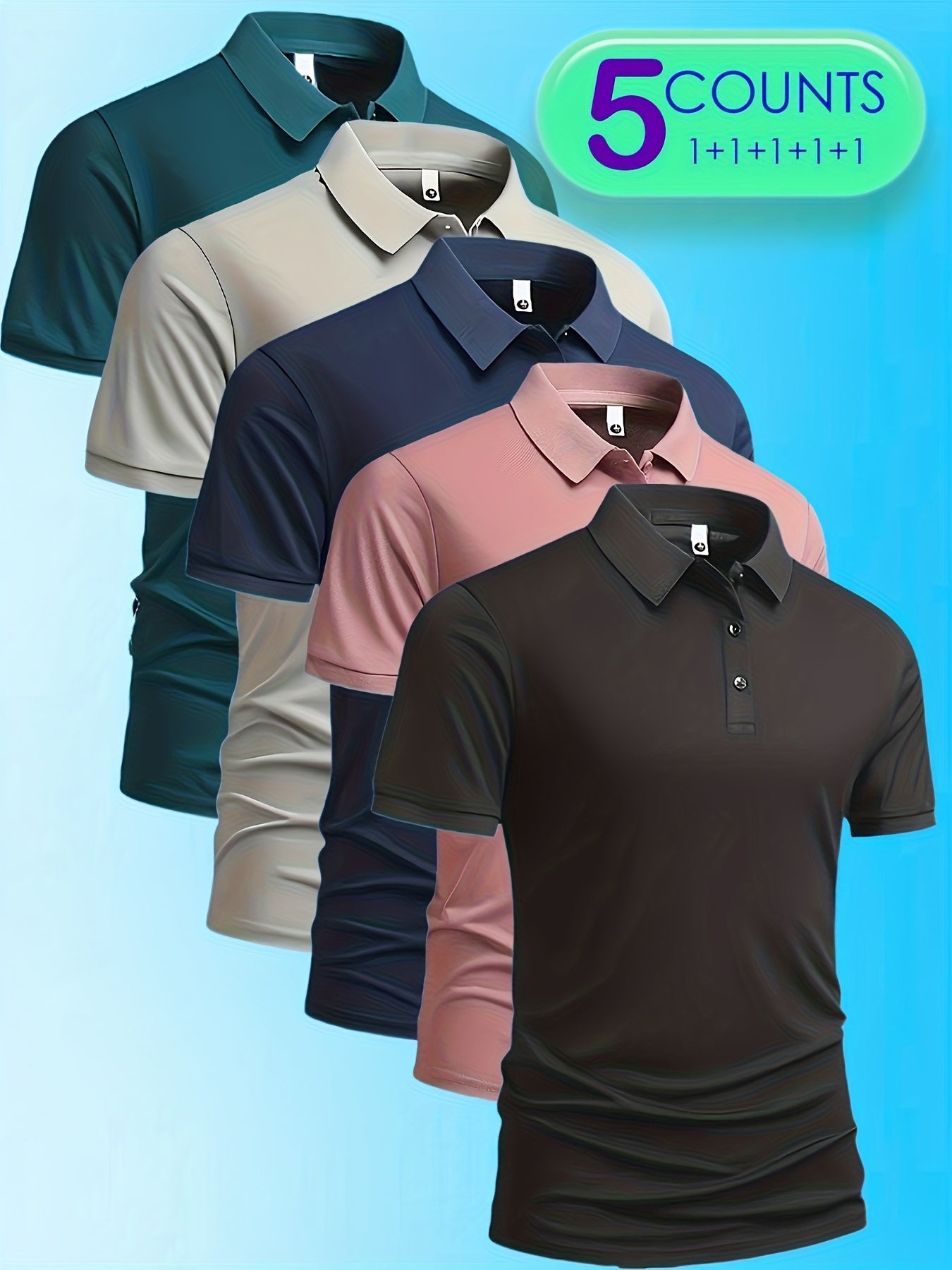 5pcs Men'S Polo Shirts - Elegant Solid Color, High-Quality Fabric, Short Sleeve, Button-Up Collar, Regular Fit, All-Season Wear for Business, Travel, Work, Dates, Home & Golf, Golf Attire | Stylish Polo Set | Durable Fabric