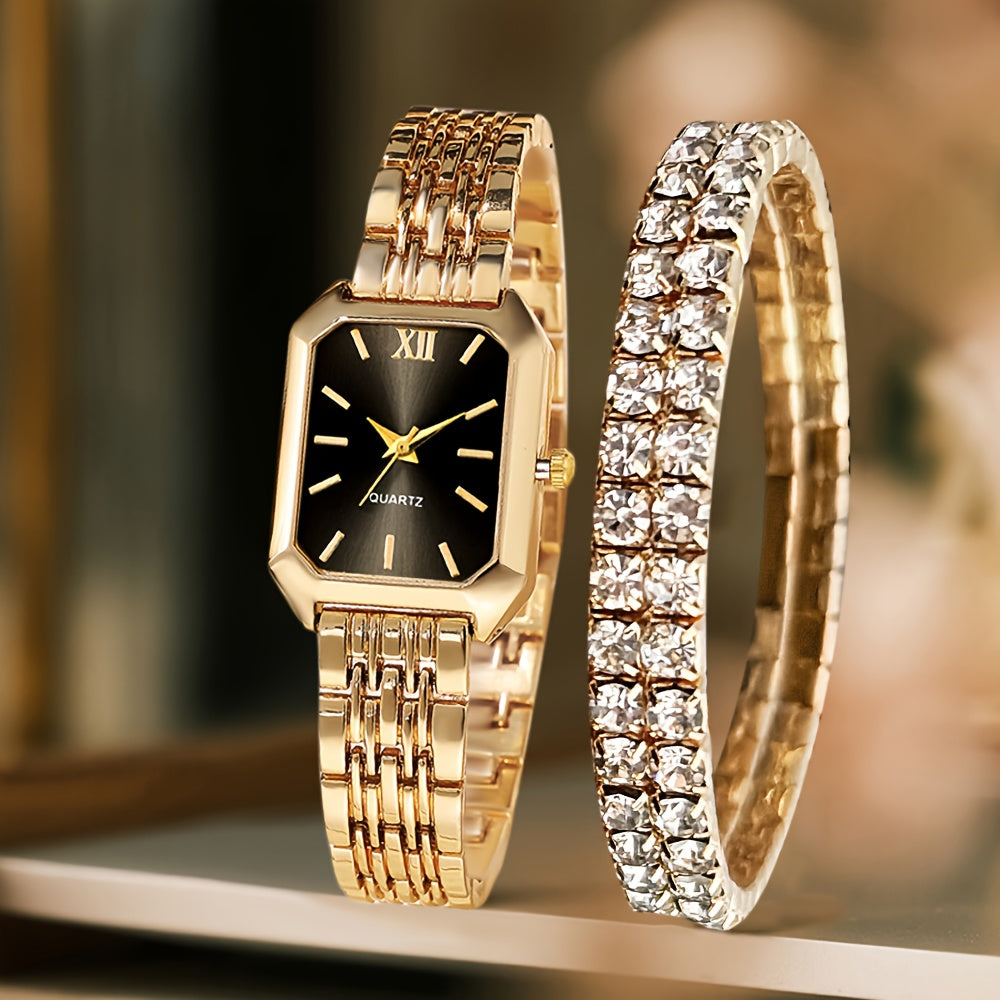 Coffret Cadeau Montre Femme – Lot de 2 Pièces Élégantes, Montre Style Classique avec Bracelet de Luxe, Cadran Rectangulaire Rétro, Bracelet Confortable en Alliage, Idéal Cadeau Famille et Amis, Parfait pour Pâques ou Tenues Décontractées