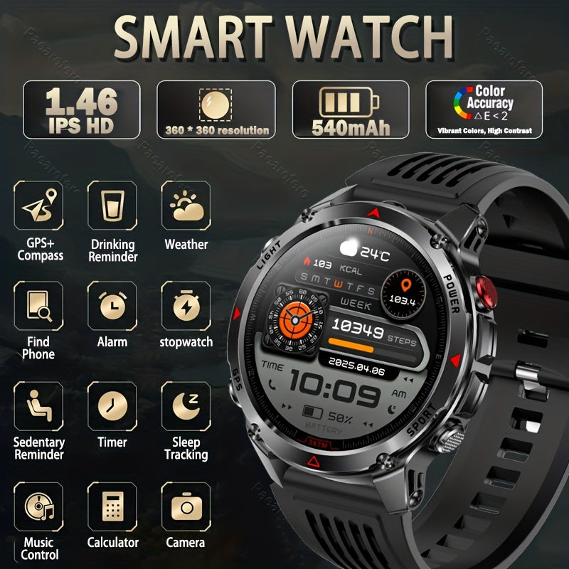 2025 new GPS smartwatch with flashlight, full touch screen, wireless calling, music playback, for iPhone/Android, equipped with GPS, compass, altimeter, barometer, calendar, calculator, calorie pedometer, fitness tracker, swi