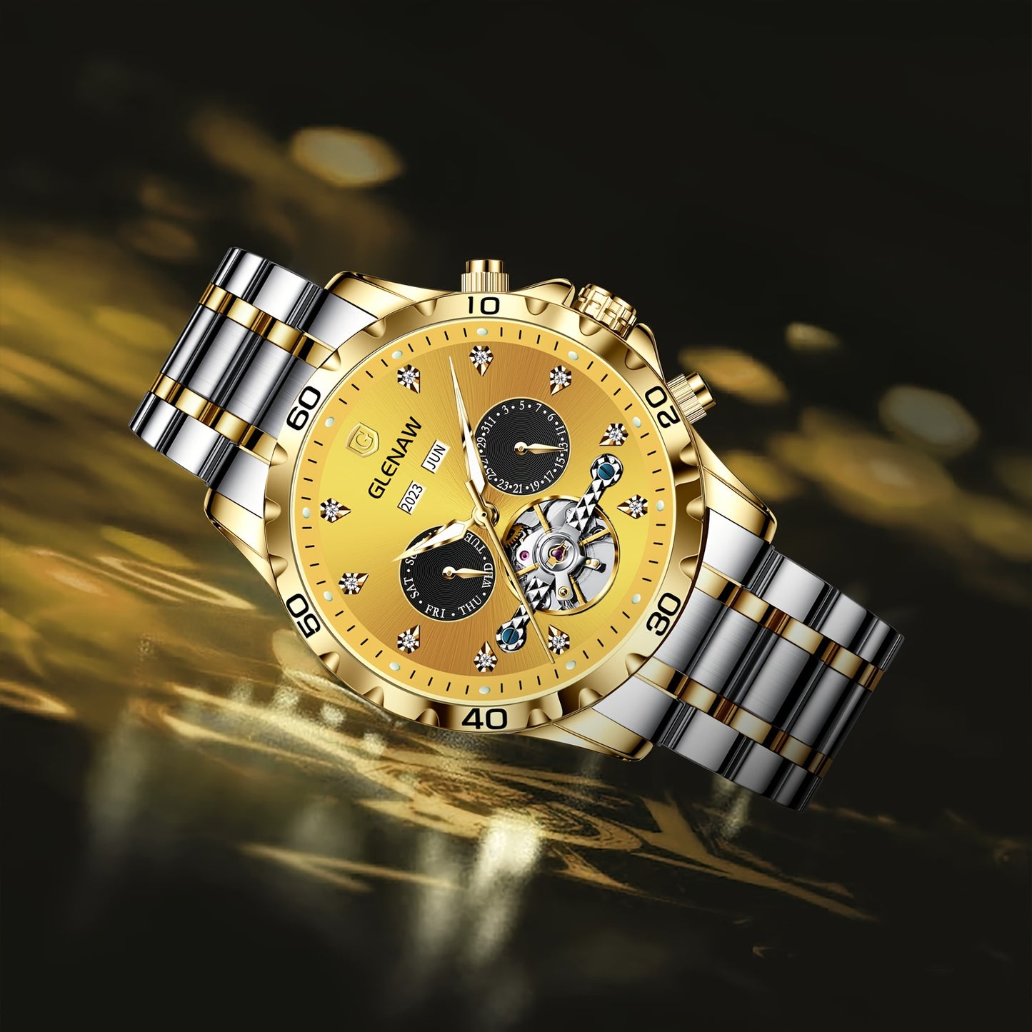 Montre automatique pour homme, bracelet en acier inoxydable avec strass, montre mécanique squelette à remontage automatique avec affichage du jour, de la date, du mois et de l’année – Cadeau idéal pour homme