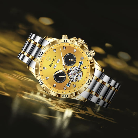 Montre automatique pour homme, bracelet en acier inoxydable avec strass, montre mécanique squelette à remontage automatique avec affichage du jour, de la date, du mois et de l’année – Cadeau idéal pour homme