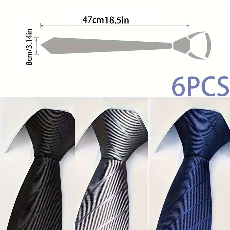6pcs Cravates Homme – Rayées, Zippées, Formelles, Noir/Bleu/Gris/Rouge, Mariage & Événements