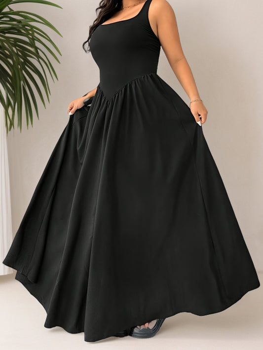 Robe Longue Grande Taille Élégante – Sans Manches, Col V, Silhouette Fit & Flare, Tissu Extensible, Couleur Unie, Idéale Tenues Décontractées, Soirées et Voyages