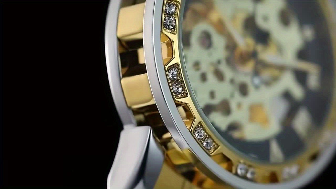 Elegant Men'S Mechanical Watch with Rhinestone Accents & Hollow Mesh Band - Stainless Steel, Zinc Alloy Case, Business Style, Self-Winding Movement, Pointer Display, No Battery Needed, Business Watch | Elegant Watch | Durable