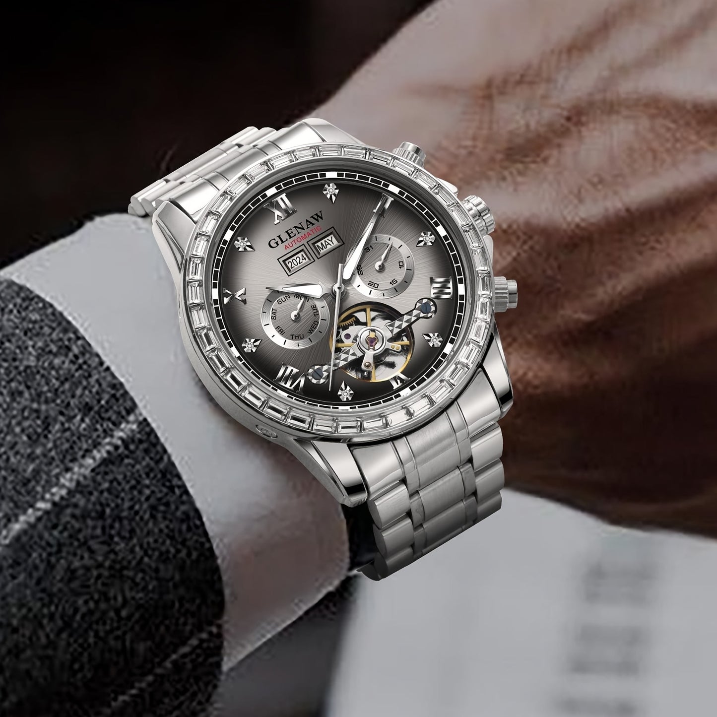 Men'S Automatic Mechanical Watch - Stainless Steel Band, Date Display, Perpetual Calendar, Rose Golden Hands, Zinc Alloy Case, Elegant Design for Everyday & Formal Wear, Formal Timepiece, Luxury Timepiece, Sophisticate