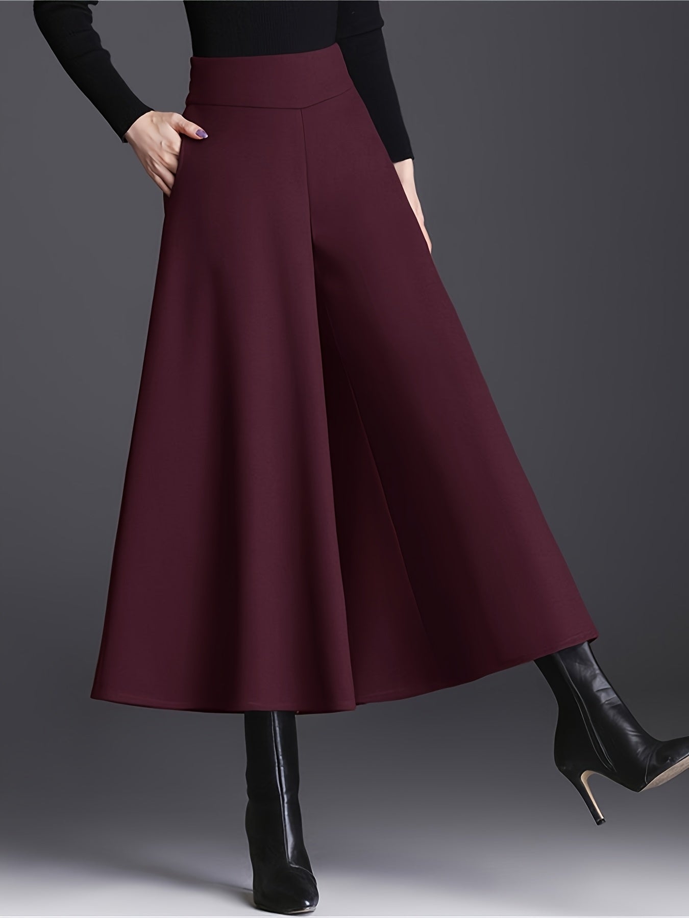 Pantalon Femme Taille Haute – Jambe Large Doublé Polaire, Taille Élastique, Confortable, 7/8, Automne/Hiver