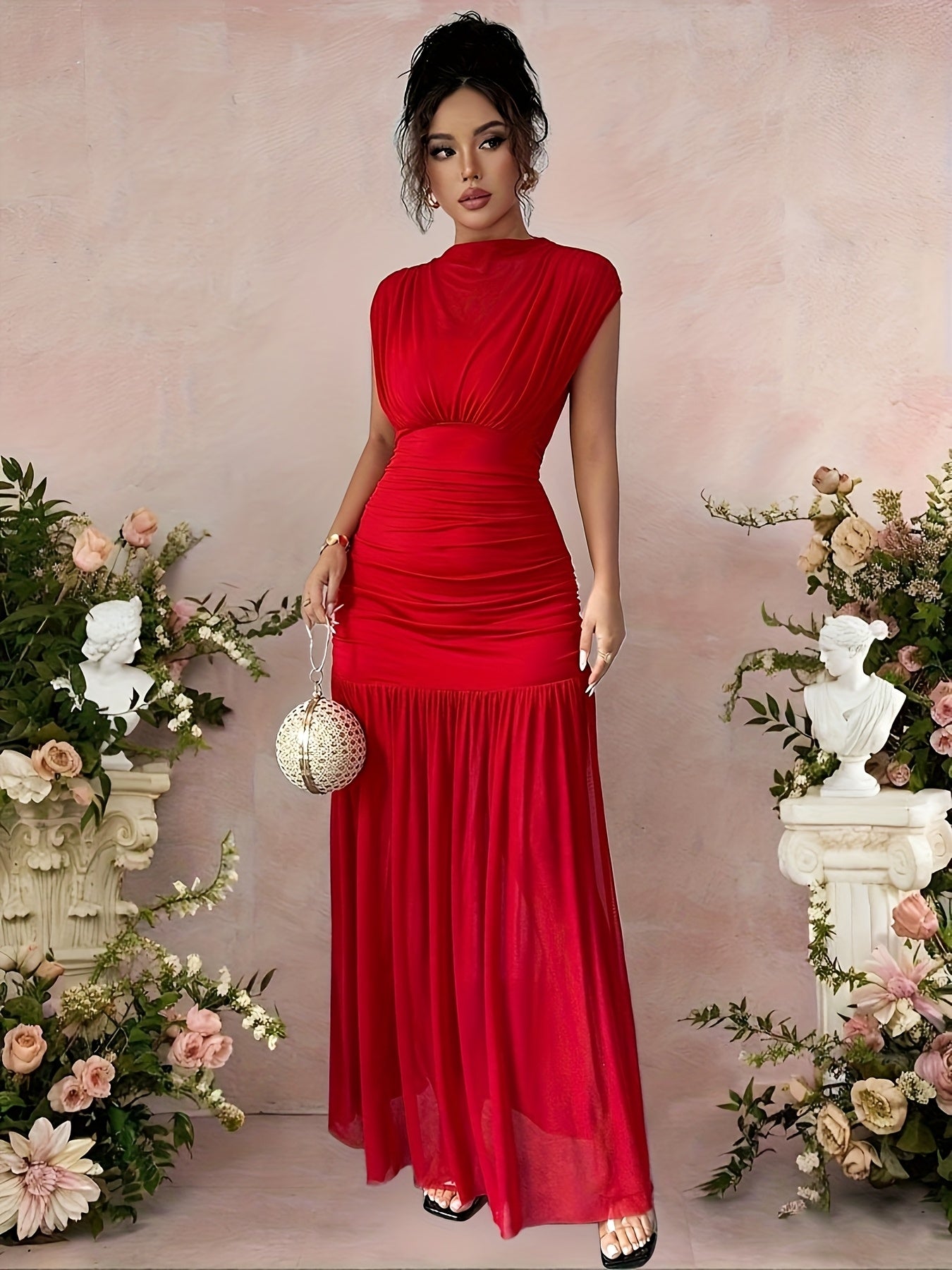 Robe Femme Élégante Rouge Longue au Sol — Col Bateau, Coupe Sirène/Trumpet, Col Smock et Taille Cintrée, Tissu Extensible, Couleur Unie, Idéale pour Soirées, Mariages et Cérémonies