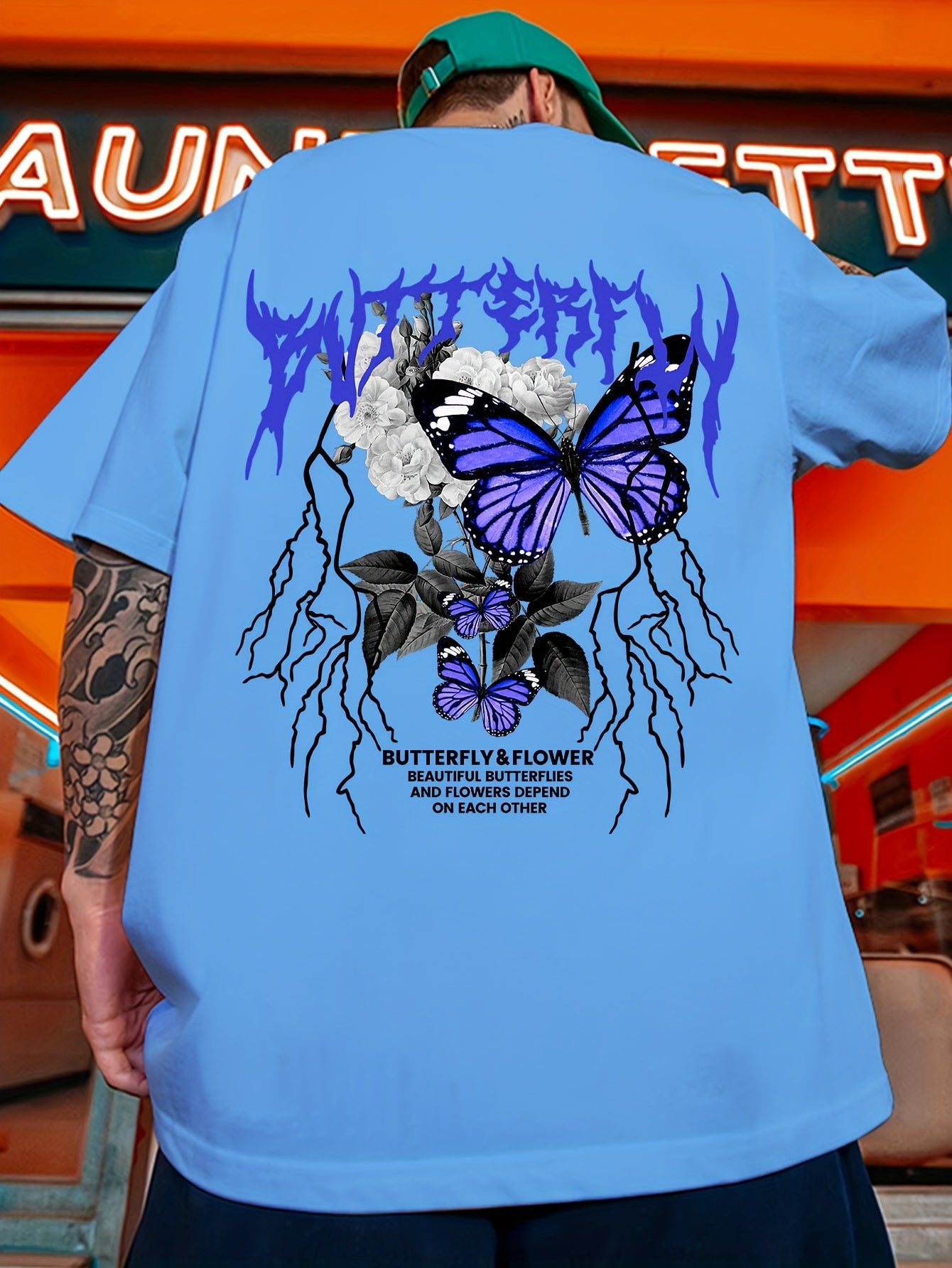 Gothic Butterfly Print, Men's Graphic Design Crew Neck Active T-shirt, Casual Comfy Tees Tshirts For Summer, Men's Clothing Tops For Daily Gym Workout Running
