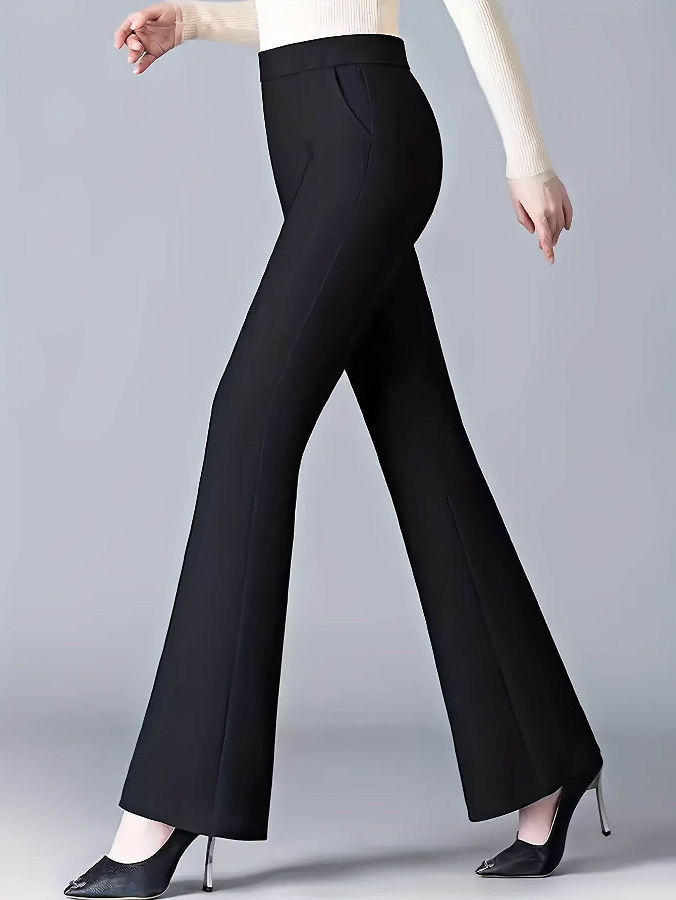 Jeans Femme Évasé – Taille Haute, Jambe Effilée, Noir, Décontracté, Automne, Extensible et Lavable