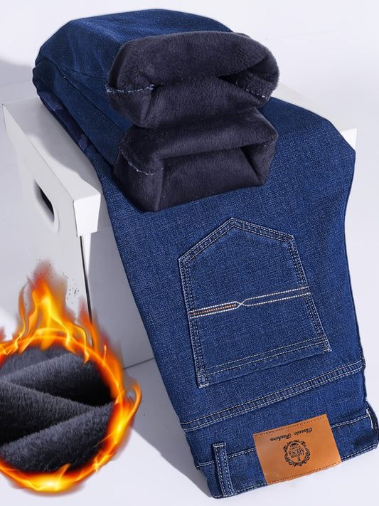 Jean Homme Business Casual – Doublé Polaire Hiver, Slim Fit Extensible, Couleur Unie, Grandes Tailles Disponibles