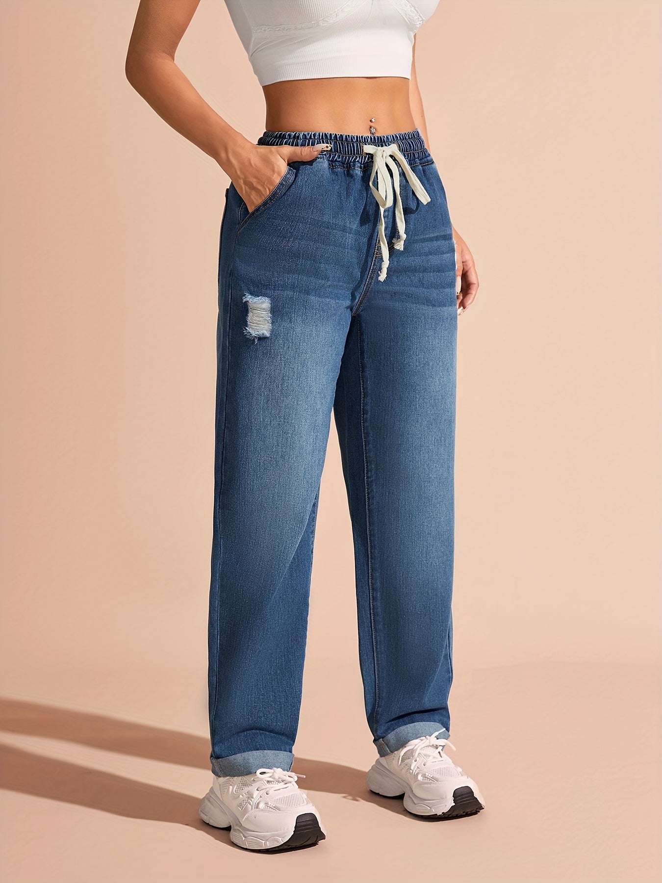 Jeans Femme Taille Haute Denim Cordon Détail Déchiré Jambe Droite Bleu Clair Confort Toute Saison Décontracté