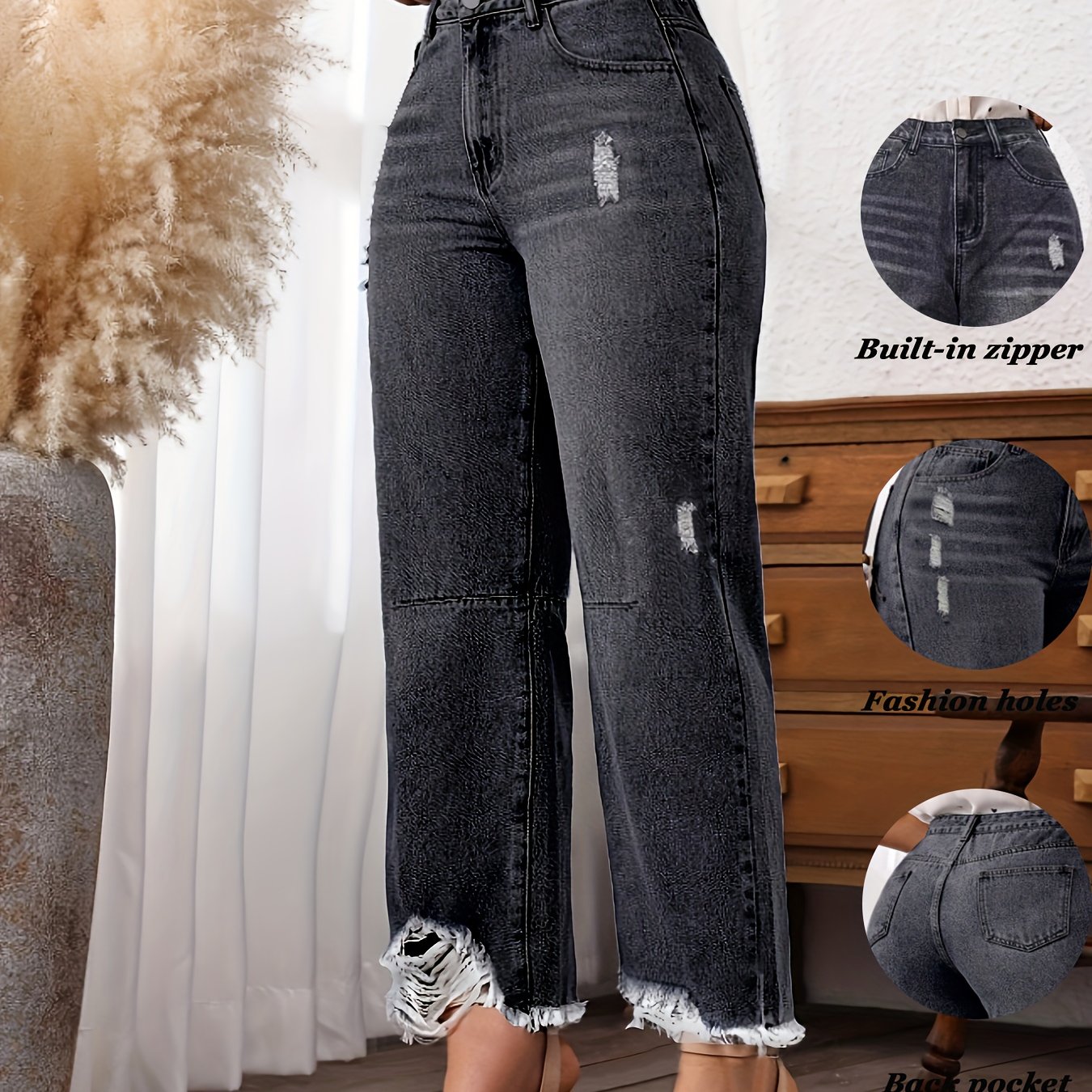 Jean en denim délavé non extensible pour femme - Coupe slim, taille mi-haute, poches obliques, ourlet déchiré avec revers usés et fermeture éclair intégrée, en tissu noir délavé