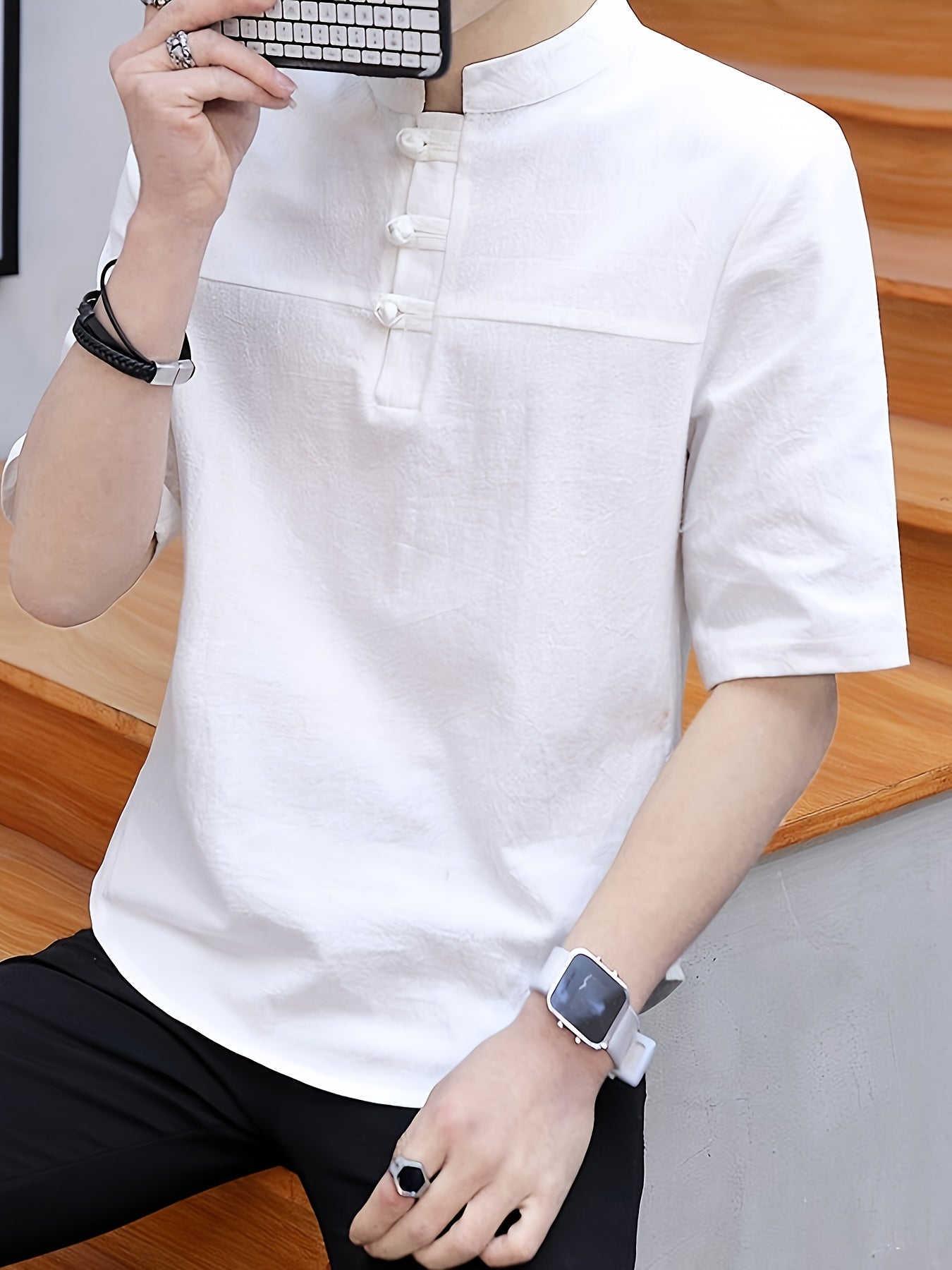 Men's Pure Cotton Chinese Style Stand Collar Top Summer Short Sleeve T-Shirt High End New Traditional