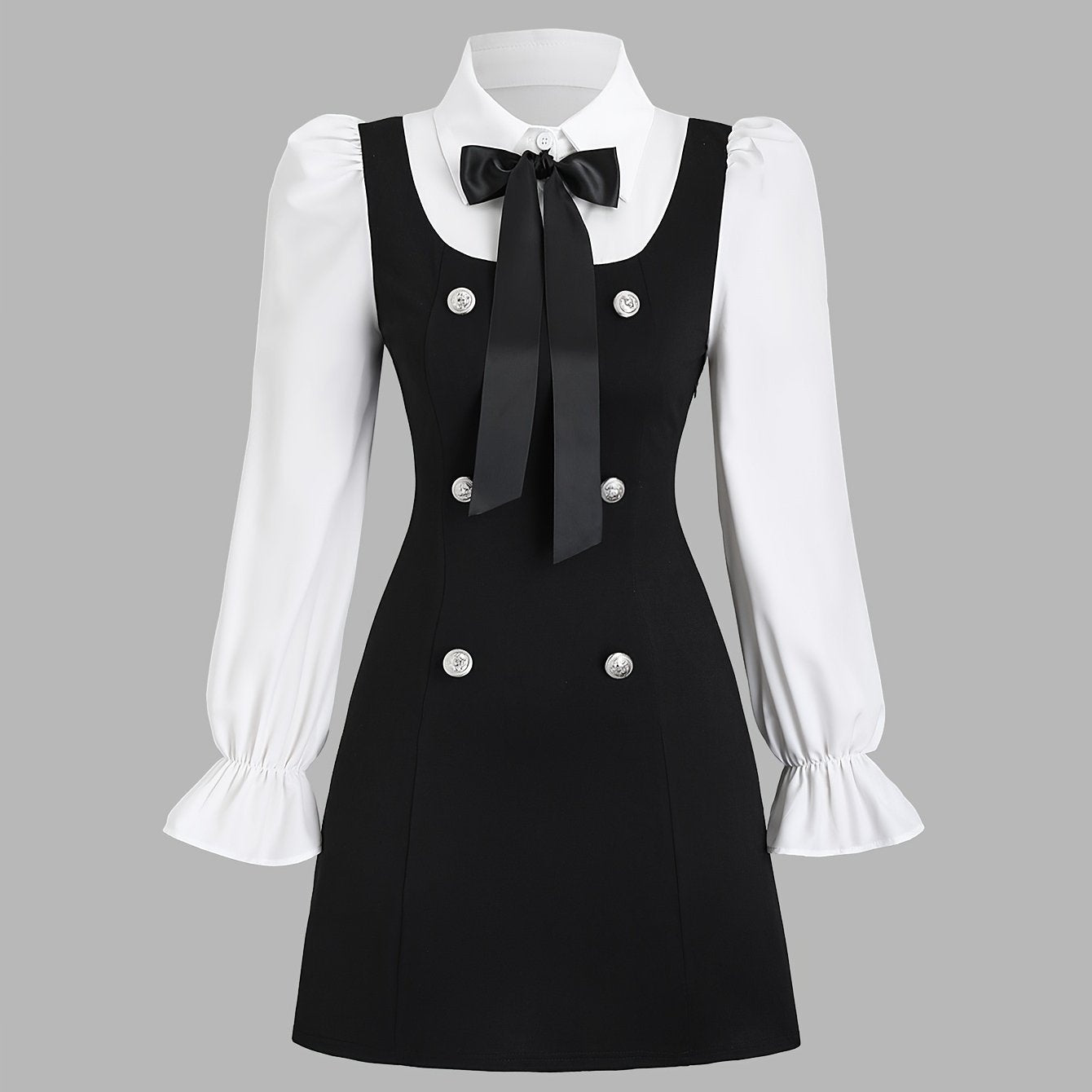 Robe élégante femme à col montant – Manches longues, coupe ajustée, boutons décoratifs