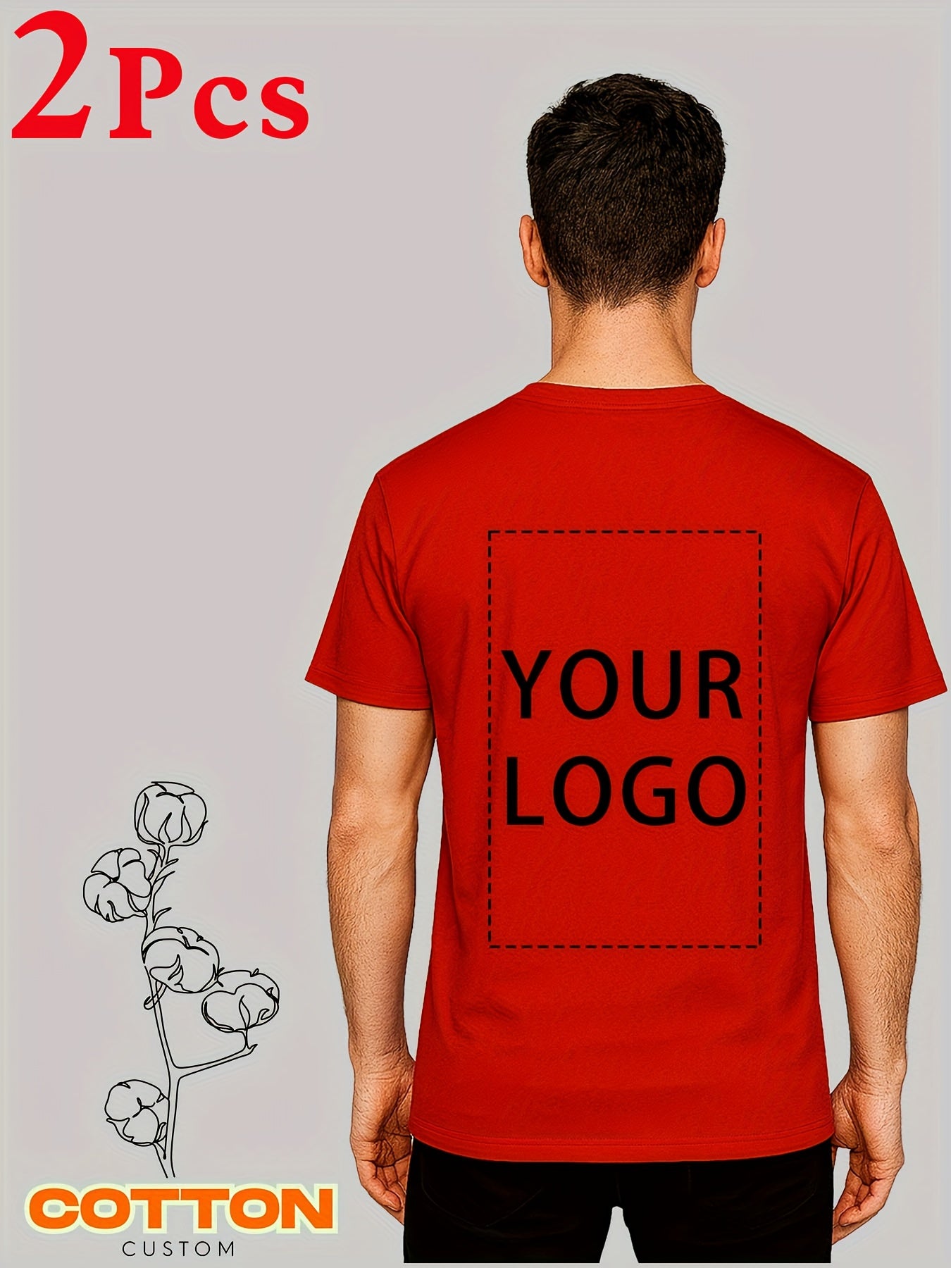 2pcs Men's 100% Cotton Custom T-Shirts 2-Sided Printing - Personalized Text/Logo/Photo Printing on Chest, Back & Sleeve - DIY Customizable Short Sleeve Round Neck Tees for Promotional Events, Team Uniforms, Casual Attire - Ma