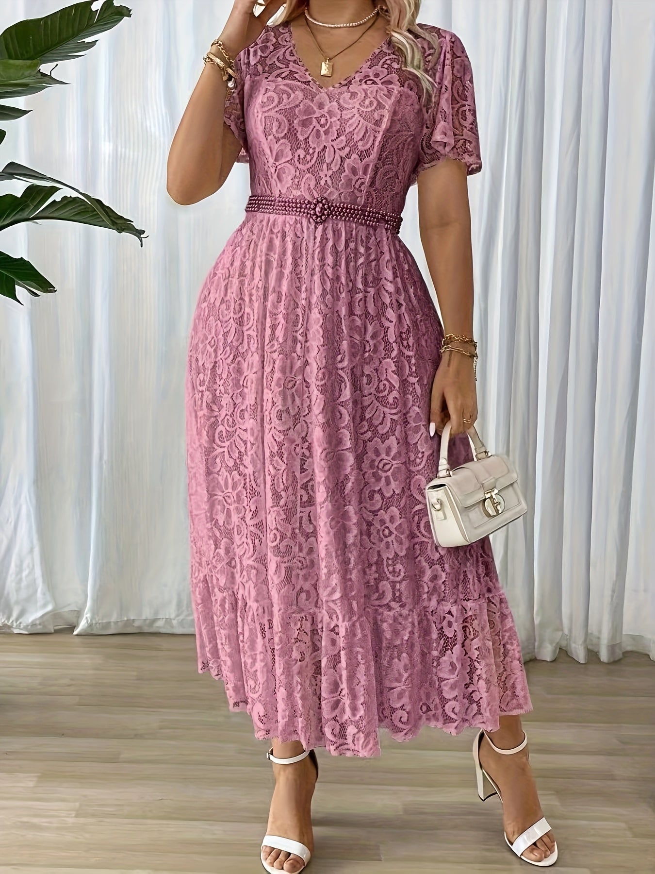 Robe Longue Grande Taille Élégante – Col Dentelle, Bas Smock, Couleur Unie Noire, Coupe A-Ligne, Idéale Soirées, Mariages et Événements Formels, Lavable en Machine