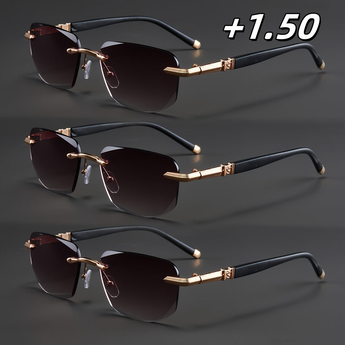 3-Pack, Stylish Men's Frameless Reading Glasses, Elegant Metal Frame, Options: 100, 150, 200, 250, 300, 350, 400 Degrees,christmas Gifts