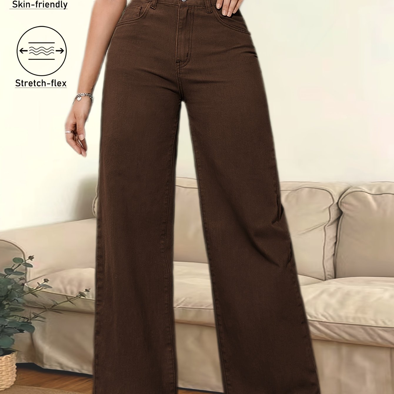 Jeans Femme Marron Café Jambe Large Poches Multiples Boutons Taille Mi-Haute Extensible Toute Saison Polyvalent Confortable Élégant