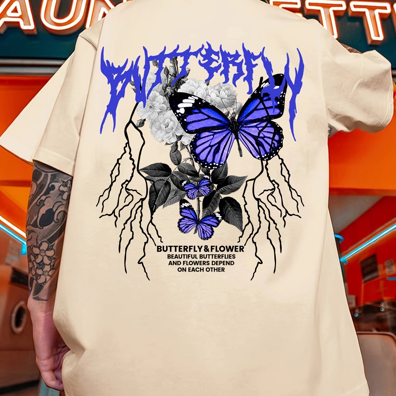 Gothic Butterfly Print, Men's Graphic Design Crew Neck Active T-shirt, Casual Comfy Tees Tshirts For Summer, Men's Clothing Tops For Daily Gym Workout Running