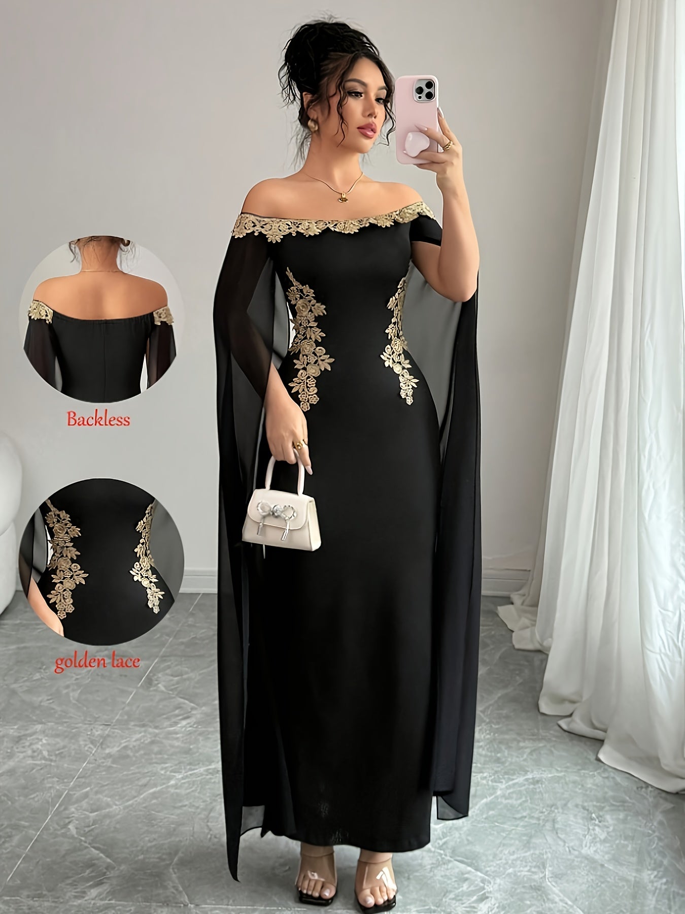 Sexy, Elegant and Versatile Daily Wear Golden Floral Embellished Off-Shoulder Sheer Cape Fitted Waist Golden Appliqué Long Mermaid Hem Bodycon Dress