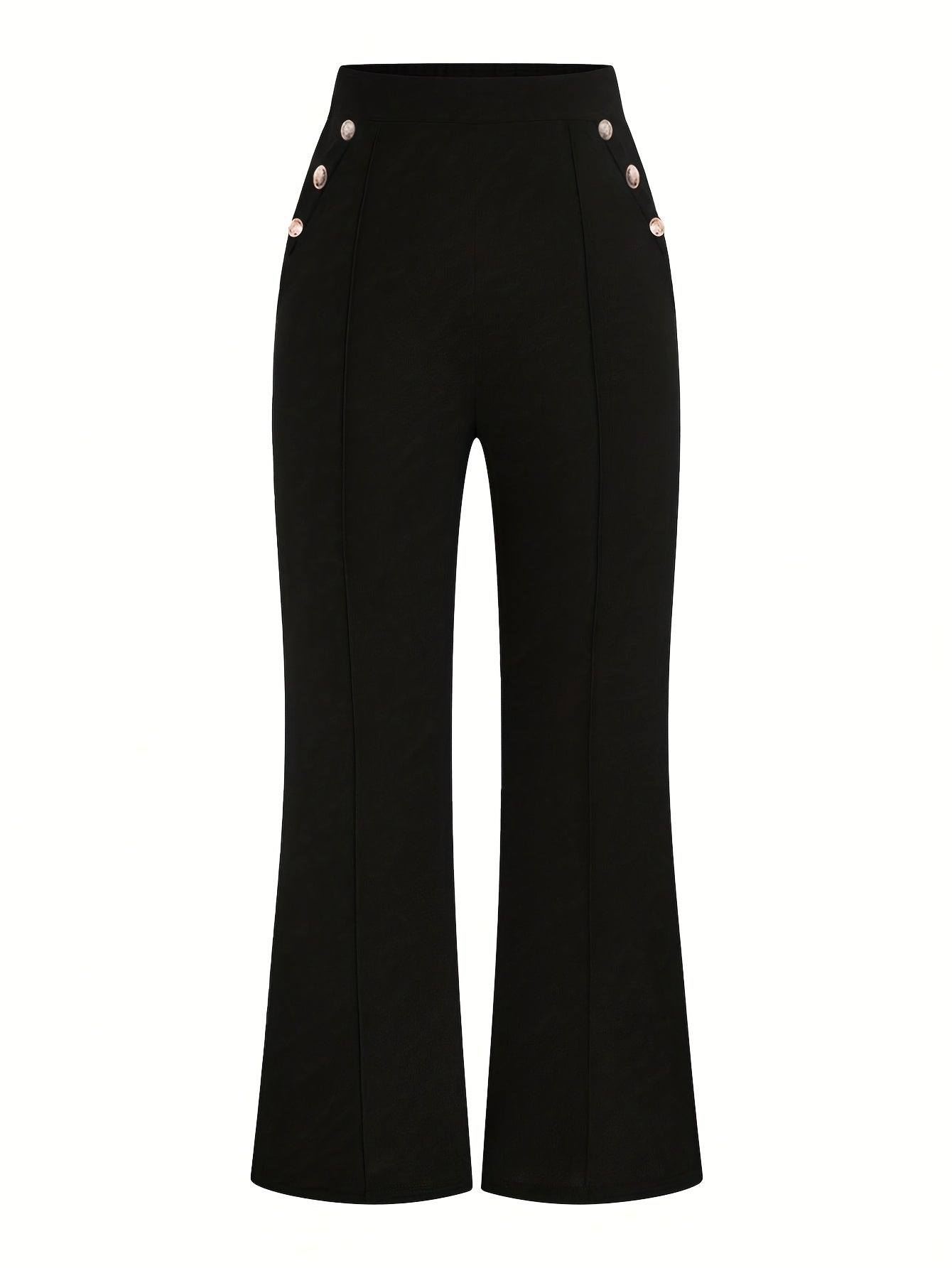 Pantalon Femme Élégant Noir – Jambe Large, Taille Haute avec Boutons