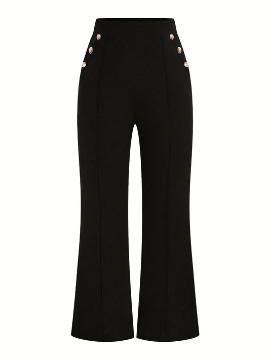 Pantalon Femme Élégant Noir – Jambe Large, Taille Haute avec Boutons