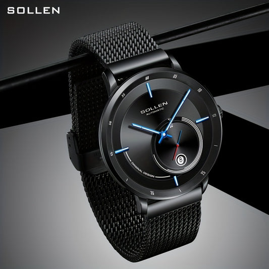 SOLLEN Men'S Automatic Mechanical Watch with Luminous Hands, Date Display & Calendar - Stainless Steel Strap, Skeleton Design, Mechanical Movement - Ideal for Birthdays, Valentine'S Day, Father'S Day, Wedding Anniversary Gift
