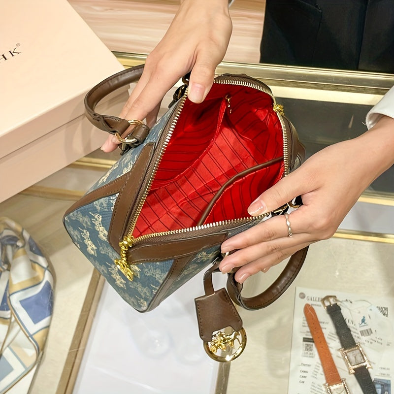 Sac à main vintage à imprimé carrosse pour femme – forme coquillage, bandoulière amovible, motif animal bleu en PVC, doublure polyester, fermeture zippée, élégant cadeau pour maman.