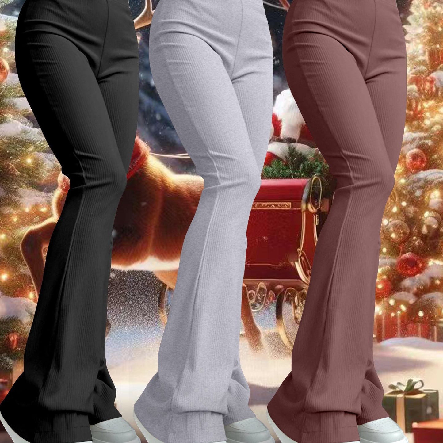 Ensemble Trois-Pièces Femme K11 – Pantalons Taille Haute Évasés, Couleur Unie, Extensibles