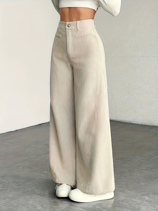 Ensemble trois pièces beige pour femme : pantalon taille haute à jambes larges en velours côtelé