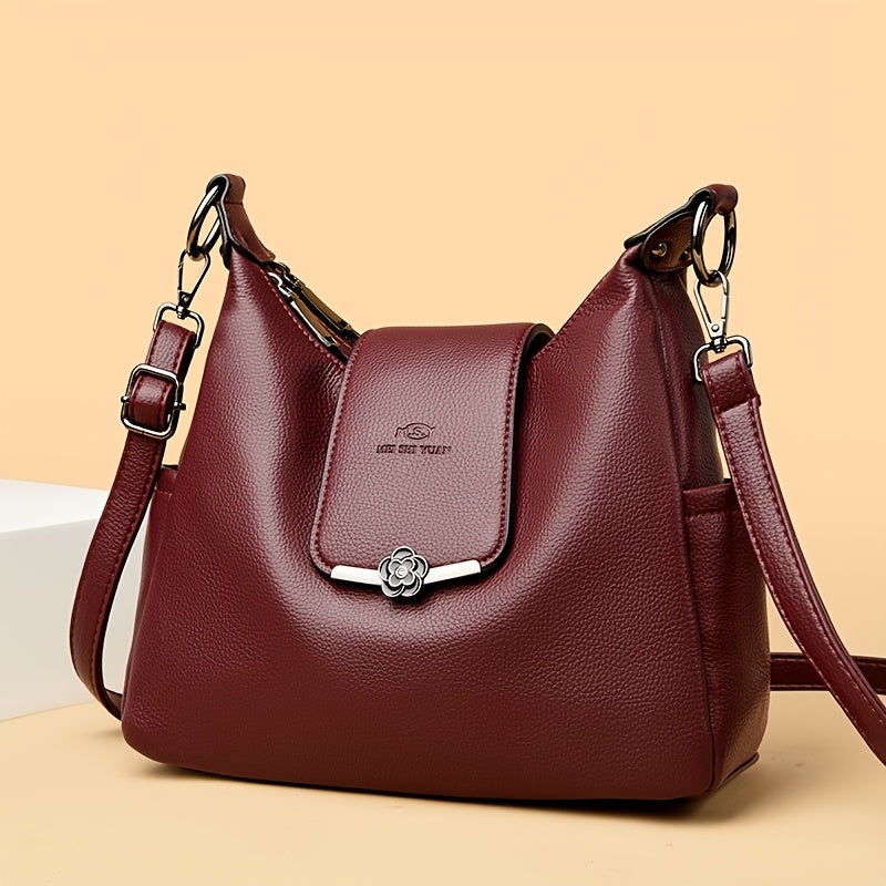 Sac à main européen/américain élégant pour femmes – couleur unie, bandoulière amovible, fermeture zippée, doublure polyester, détails peints, disponible en bordeaux et gris clair