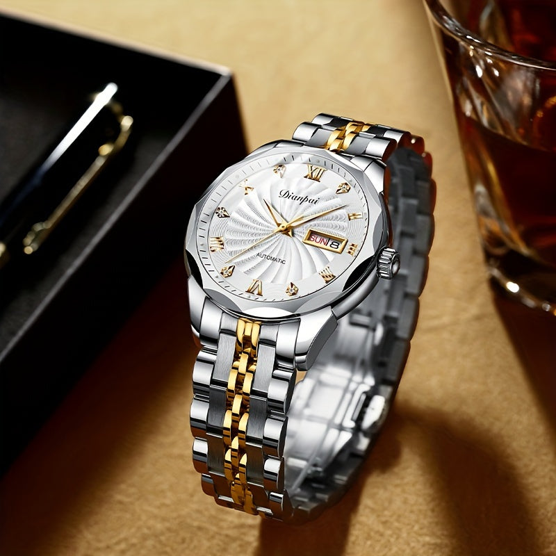 Men's Automatic Mechanical Watch with Luminous Dial, Waterproof, Roman Numerals & Date/Day Display, Golden-Tone Steel Band, Accents - Fashionable Dress Watch for Everyday & Formal Wear, Bling Watch, Formal Timepiece B