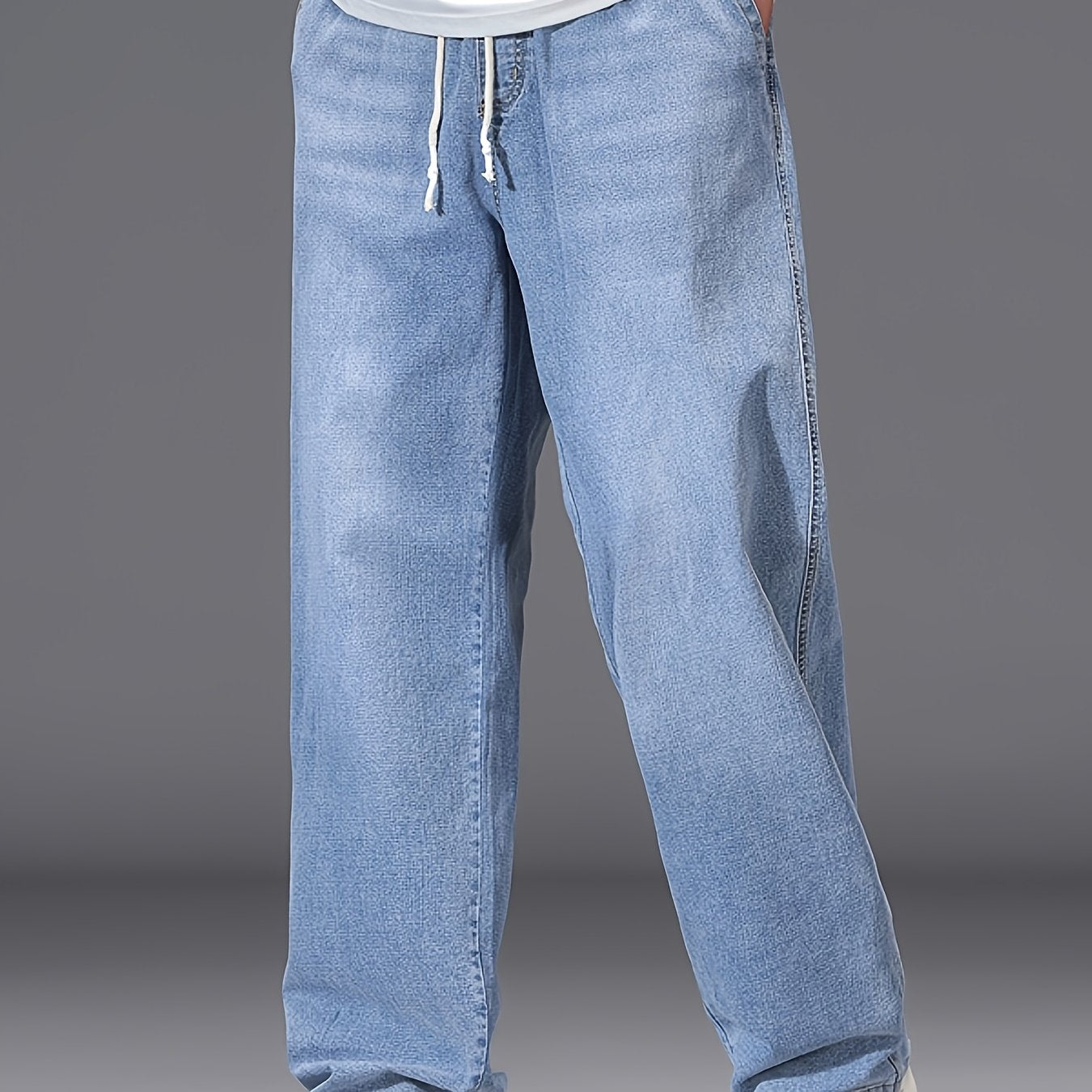 Jeans grande taille pour homme – bleu clair, coupe droite ample, taille élastique, style décontracté, confortable et stylé