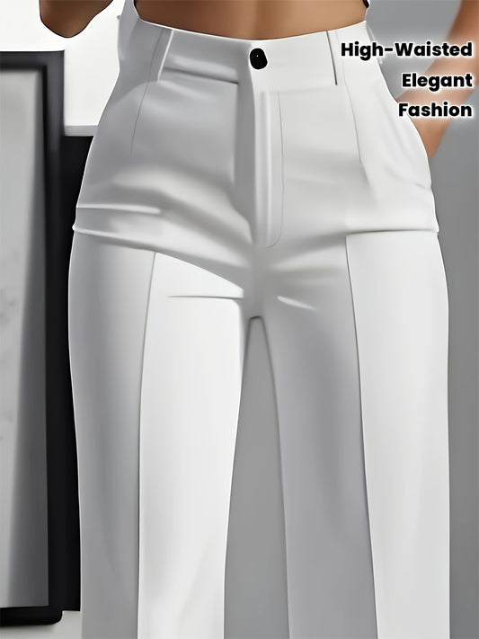 Pantalon Femme Élégant Blanc – Taille Haute, Boutons, Bureau et Décontracté, Tissu Non Extensible