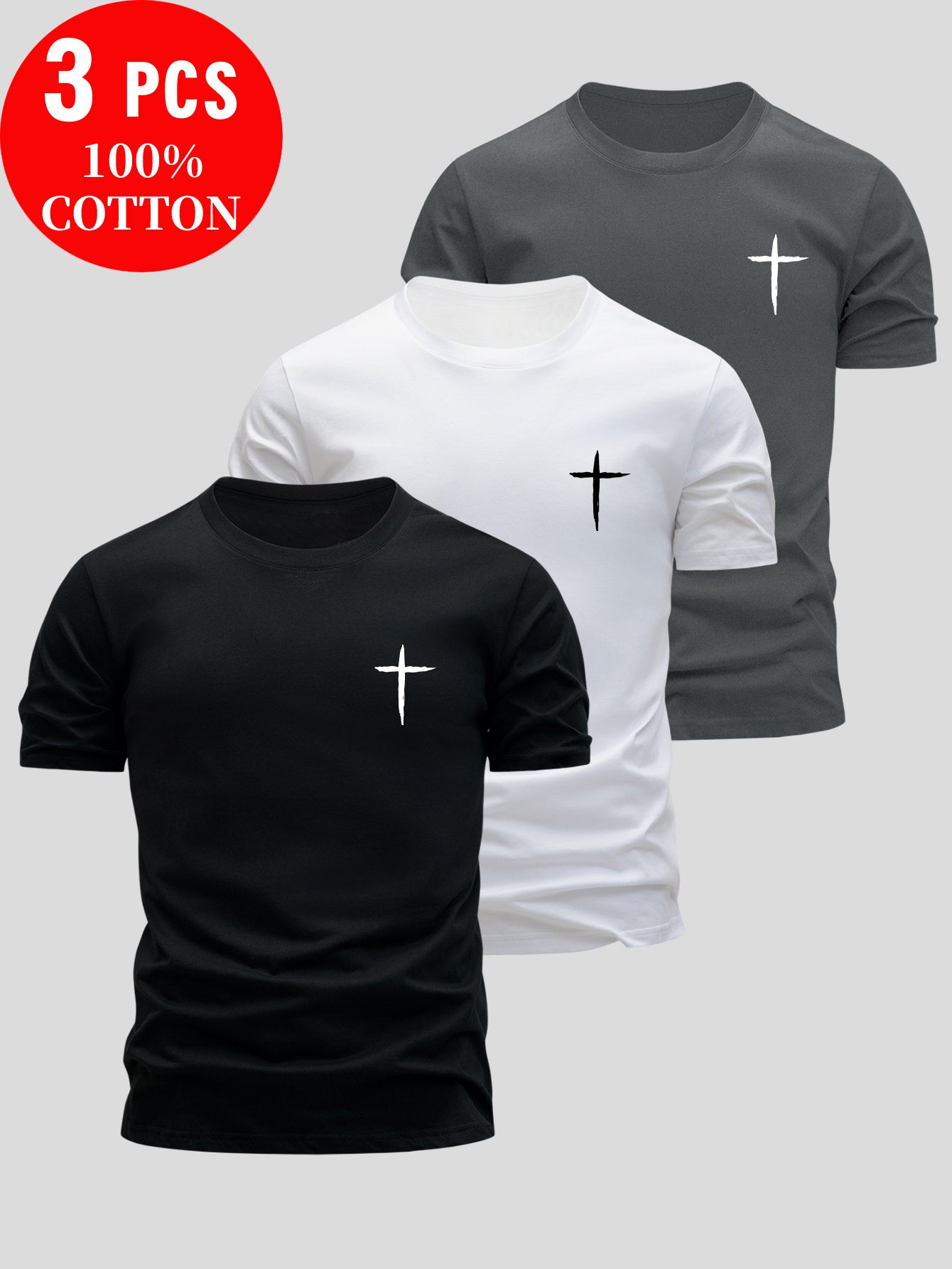 3pcs Men'S 100% Cotton Slim Fit T-Shirts - Breathable Round Neck Short Sleeve Tops with Cross Design, Lightweight & Moisture-Wicking for Summer Casual Wear, Everyday Tshirt | Minimalist Design | Breathable Fabric, Sweat-Resis