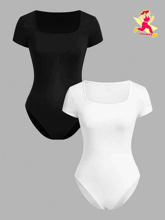 Lot de 2 combinaisons femme à col carré, manches courtes, coupe ajustée, style décontracté et sportif, une pièce pantalon confortable