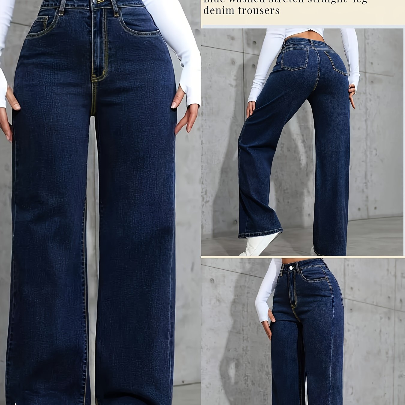 Jeans Femme Style Basique Bleu Effet Usé Jambe Droite Décontracté Poches Multifonction Extensible Confortable Polyvalent