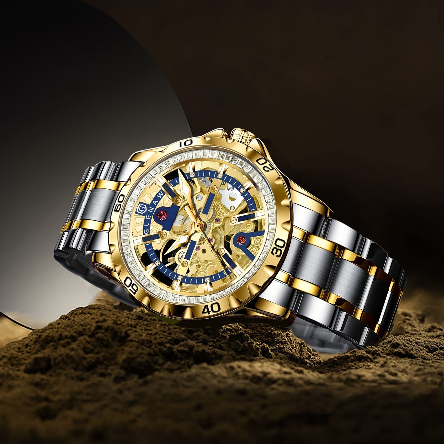 Automatic Watches for Men, Rhinestone Ring Blue Round Frame Men's Watch Stainless Steel Strap Skeleton Mechanical Watch