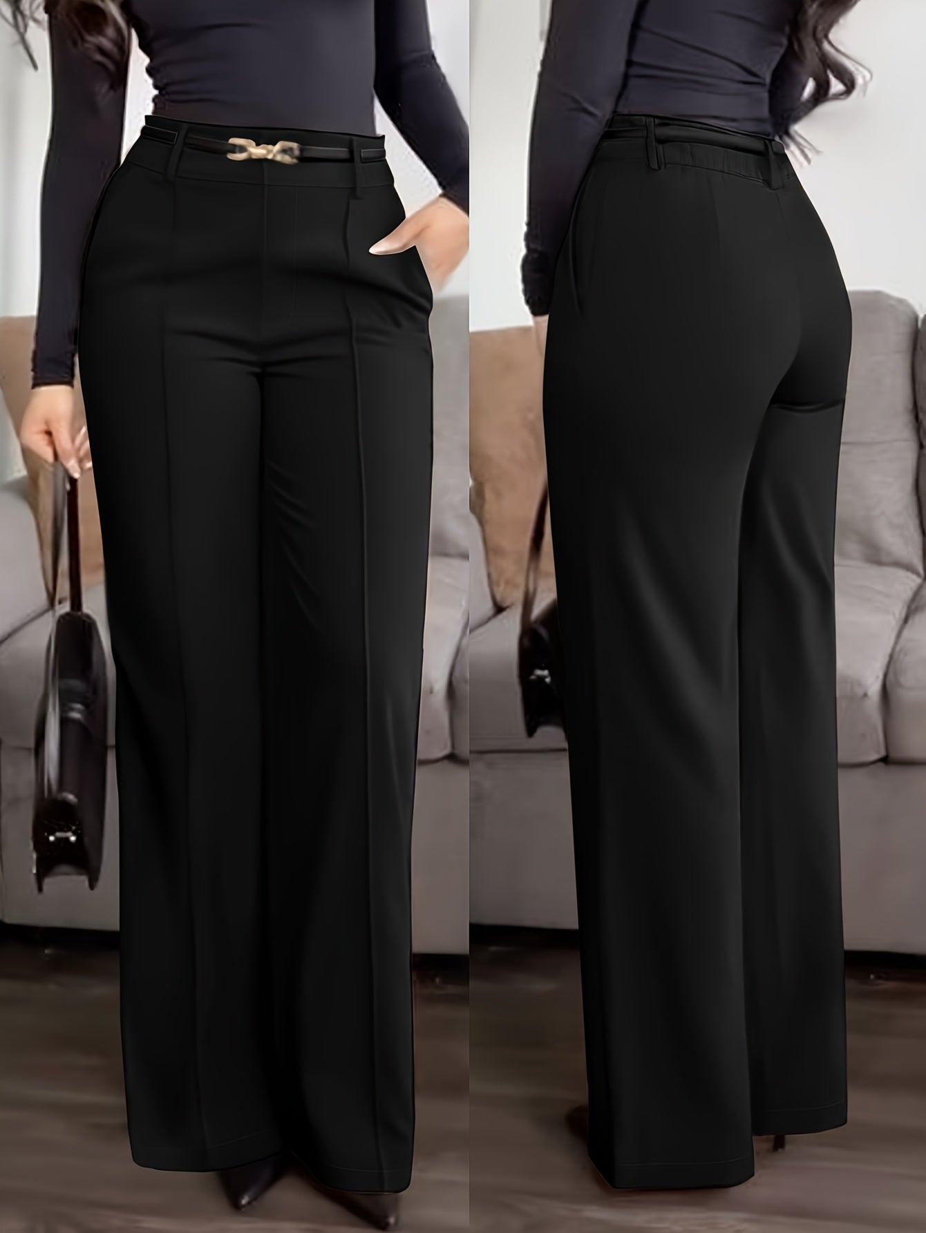 Pantalon Femme Élégant Jambe Large avec Ceinture – Style Bureau et Décontracté