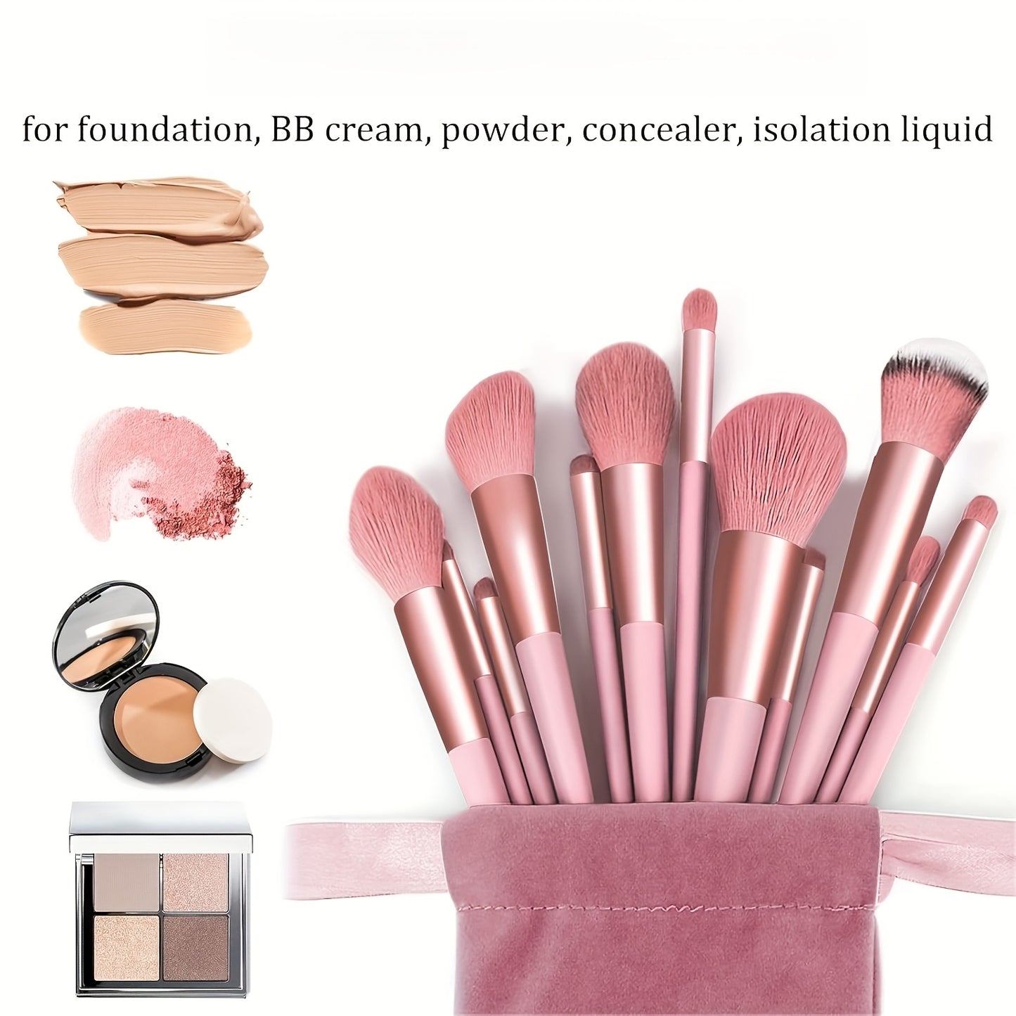 Ensemble de 14 pinceaux de maquillage professionnels | Kit cosmétique rose avec pochette de rangement, convient aux peaux beige clair, comprend des pinceaux pour fond de teint, blush et fards à paupières à poils en nylon