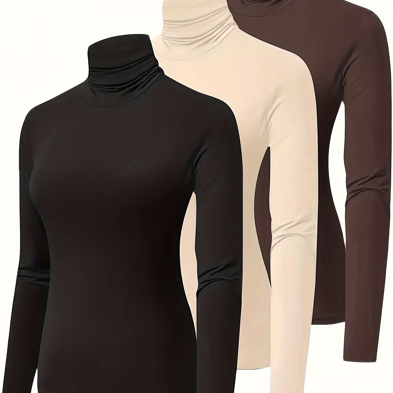 Lot de 3 t-shirts à col montant, manches longues pour femmes, automne et hiver, base polyvalente décontractée à superposer