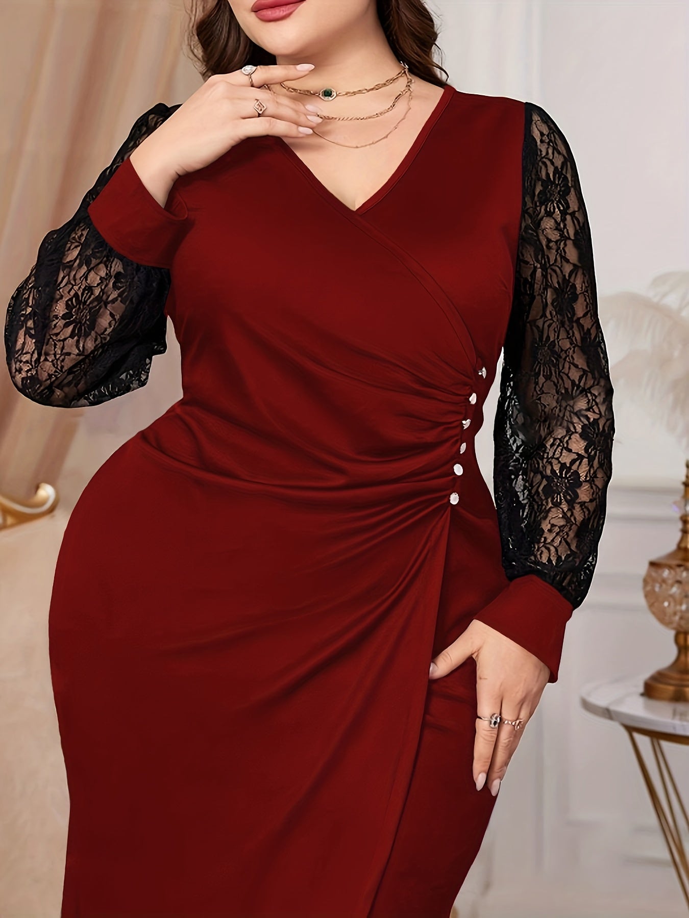 Plus Size, Autumn Solid Color Lace Splicing V-Neck Sexy Elegant Slim-Fit Women's Dress