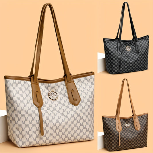 Sac Cabas Femme Vintage – Grande Capacité, Sac de Travail avec Fermeture Éclair, Design Élégant Monogramme « M » Noir/Beige, Parfait pour Bureau, Voyages, Shopping, Usage Quotidien et Événements Spéciaux, Accessoire Rétro et Stylé